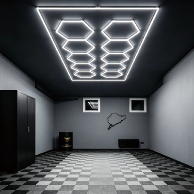 Bon prix 568W LED Hexagon Light Système d'éclairage de plafond modulaire pour garage Gym Atelier de bureau Panneaux lumineux hexagonales LED Honeycomb connectés en ligne