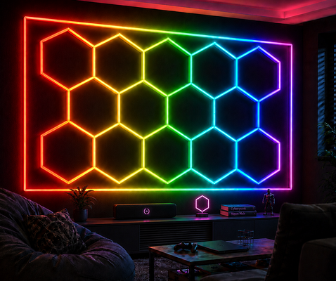Bon prix Lumière hexagonale LED 14 Hexagones RGB Télécommande Lampe de plafond en nid d'abeille 24V IP20 Éclairage idéal pour salle de sport, salon, garage, bar, ambiance en ligne