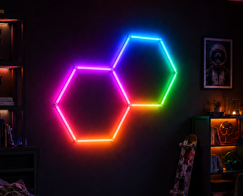 Système de plafond modulaire en nid d'abeille à lumière hexagonale LED RVB offrant des options d'installation flexibles pour l'atelier et le bureau de la salle de sport du garage