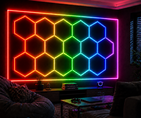 2026 Nouveau 15Hexagon RGB télécommande Honeycomb LED Plafond de lumière 24V IP20 pour le gymnase Salon de garage Bar Atmosphère Lumière CE Prêt